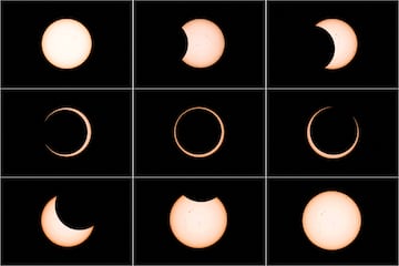 Una imagen combinada muestra un eclipse solar anular observado desde el área del monumento arqueológico de Tahai en el parque nacional Rapa Nui administrado por la comunidad nativa Mau Henua en la Isla de Pascua.