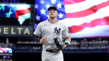 Sep 30, 2025; Bronx, New York, USA; New York Yankees right fielder Aaron Judge (99) runs in from the outfield after the top of the seventh inning of game one of the Wildcard round of the 2025 MLB playoffs against the Boston Red Sox at Yankee Stadium. Mandatory Credit: Brad Penner-Imagn Images