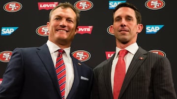 Feb 9, 2017; Santa Clara, CA, USA; San Francisco 49ers general manager John Lynch and head coach Kyle Shanahan pose for a photo during a press conference at Levi's Stadium. Mandatory Credit: Kelley L Cox-USA TODAY Sports
