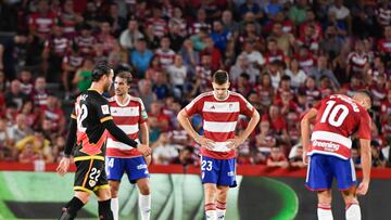 Los jugadores del Granada, cabizbajos durante el encuentro ante el Rayo Vallecano.