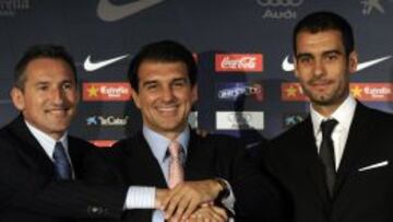 Begiristain, Laporta y Guardiola, en la presentaci&oacute;n del entrenador con el Barcelona.