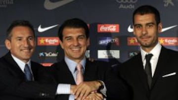 Begiristain, Laporta y Guardiola, en la presentaci&oacute;n del entrenador con el Barcelona.