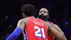 PHILADELPHIA, PENNSYLVANIA - DECEMBER 23: Joel Embiid #21 and James Harden #1 of the Philadelphia 76ers react during the third quarter against the LA Clippers at Wells Fargo Center on December 23, 2022 in Philadelphia, Pennsylvania. NOTE TO USER: User expressly acknowledges and agrees that, by downloading and or using this photograph, User is consenting to the terms and conditions of the Getty Images License Agreement.   Tim Nwachukwu/Getty Images/AFP (Photo by Tim Nwachukwu / GETTY IMAGES NORTH AMERICA / Getty Images via AFP)