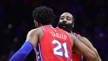 PHILADELPHIA, PENNSYLVANIA - DECEMBER 23: Joel Embiid #21 and James Harden #1 of the Philadelphia 76ers react during the third quarter against the LA Clippers at Wells Fargo Center on December 23, 2022 in Philadelphia, Pennsylvania. NOTE TO USER: User expressly acknowledges and agrees that, by downloading and or using this photograph, User is consenting to the terms and conditions of the Getty Images License Agreement. Tim Nwachukwu/Getty Images/AFP (Photo by Tim Nwachukwu / GETTY IMAGES NORTH AMERICA / Getty Images via AFP)