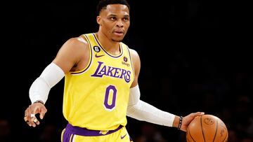 NEW YORK, NEW YORK - JANUARY 30: Russell Westbrook #0 of the Los Angeles Lakers dribbles during the first half against the Brooklyn Nets at Barclays Center on January 30, 2023 in the Brooklyn borough of New York City. NOTE TO USER: User expressly acknowledges and agrees that, by downloading and/or using this photograph, User is consenting to the terms and conditions of the Getty Images License Agreement. Sarah Stier/Getty Images/AFP (Photo by Sarah Stier / GETTY IMAGES NORTH AMERICA / Getty Images via AFP)