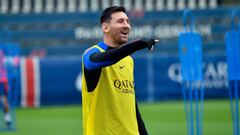 PARIS, FRANCE - NOVEMBER 11: Leo Messi reacts during a Paris Saint-Germain training session on November 11, 2022 in Paris, France. (Photo by Aurelien Meunier - PSG/PSG via Getty Images)