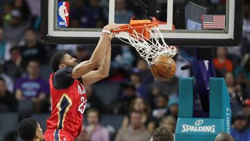 CHARLOTTE, NC - MARCH 11: Anthony Davis #23 of the New Orleans Pelicans dunks the ball against the Charlotte Hornets during their game at Spectrum Center on March 11, 2017 in Charlotte, North Carolina. NOTE TO USER: User expressly acknowledges and agrees that, by downloading and or using this photograph, User is consenting to the terms and conditions of the Getty Images License Agreement.   Streeter Lecka/Getty Images/AFP
 == FOR NEWSPAPERS, INTERNET, TELCOS &amp; TELEVISION USE ONLY ==