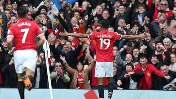 MANCHESTER, ENGLAND - MARCH 10: Marcus Rashford of Manchester United celebrates scoring their second goal during the Premier League match between Manchester United and Liverpool at Old Trafford on March 10, 2018 in Manchester, England. (Photo by Matthew