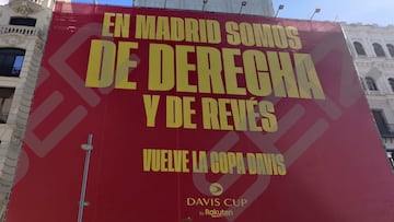 Cartel promocional de la Copa Davis en la Gran V&iacute;a con el eslogan &quot;En Madrid somos de derecha y de rev&eacute;s&quot;.