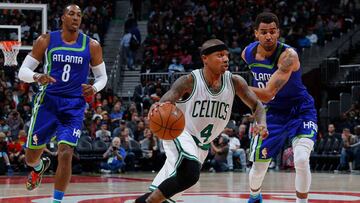 ATLANTA, GA - JANUARY 13: Isaiah Thomas #4 of the Boston Celtics drives against Thabo Sefolosha #25 of the Atlanta Hawks at Philips Arena on January 13, 2017 in Atlanta, Georgia. NOTE TO USER User expressly acknowledges and agrees that, by downloading and or using this photograph, user is consenting to the terms and conditions of the Getty Images License Agreement.   Kevin C. Cox/Getty Images/AFP
 == FOR NEWSPAPERS, INTERNET, TELCOS &amp; TELEVISION USE ONLY ==