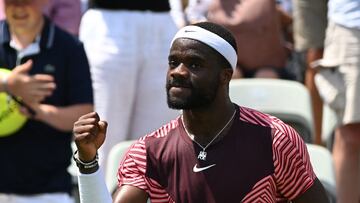 Tennis - ATP 250 - Stuttgart Open - Tennis Club Weissenhof, Stuttgart, Germany - June 17, 2023 Frances Tiafoe of the U.S. celebrates winning his semi-final match against Hungary's Marton Fucsovics REUTERS/Angelika Warmuth