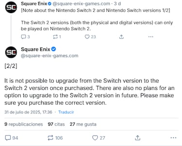 O game-key card o versión de Switch 1: Square Enix no permite que Octopath Traveler 0 se actualice a la versión de Switch 2