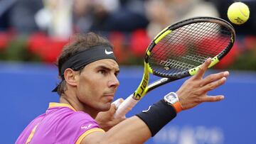 Rafael Nadal of Spain prepares to serve to Rogerio Dutra Silva of Brazil during the Barcelona Open Tennis Tournament in Barcelona, Spain, Wednesday, April 26, 2017. (AP Photo/Manu Fernandez)