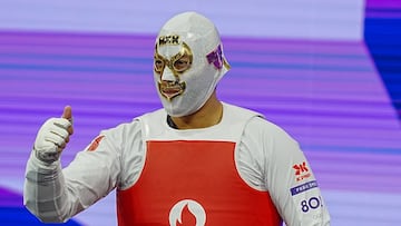 Carlos Sansores of Mexico during competition Taekwondo fight Men +80kg Quarterfinals against Arian Salimi of Iran as part of the Paris 2024 Olympic Games at Grand Palais on August 10, 2024 in Paris, France.