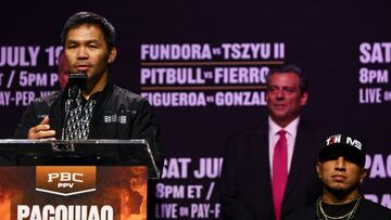 LOS ANGELES, CALIFORNIA - JUNE 03: Manny Pacquiao speaks prior to his WBC welterweight fight versus Mario Barrios at The NOVO at L.A. Live on June 03, 2025 in Los Angeles, California. Melina Pizano/Getty Images/AFP (Photo by Melina Pizano / GETTY IMAGES NORTH AMERICA / Getty Images via AFP)