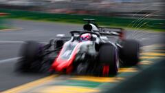 MELBOURNE, AUSTRALIA - MARCH 24: Sparks fly behind Romain Grosjean of France driving the (8) Haas F1 Team VF-18 Ferrari on track during qualifying for the Australian Formula One Grand Prix at Albert Park on March 24, 2018 in Melbourne, Australia.  (Photo by Mark Thompson/Getty Images)