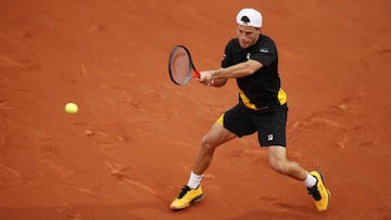 PARIS, FRANCE - SEPTEMBER 30: Diego Schwartzman of Argentina plays a backhand during his Men&#039;s Singles second round match against Lorenzo Giustino of Italy on day four of the 2020 French Open at Roland Garros on September 30, 2020 in Paris, France. (Photo by Clive Brunskill/Getty Images)