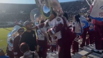During Texas Southern’s football game, a tuba player in the marching band was caught punching someone in a video that went viral with over 3 million views.