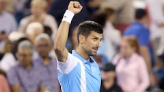 MASON, OHIO - AUGUST 18: Novak Djokovic of Serbia celebrates his win against Taylor Fritz during the quarterfinals of the Western & Southern Open at Lindner Family Tennis Center on August 18, 2023 in Mason, Ohio.   Matthew Stockman/Getty Images/AFP (Photo by MATTHEW STOCKMAN / GETTY IMAGES NORTH AMERICA / Getty Images via AFP)