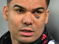 Manchester United's Brazilian midfielder #18 Casemiro warms up ahead of the English Premier League football match between Newcastle United and Manchester United at St James' Park in Newcastle-upon-Tyne, north east England on March 4, 2026. (Photo by ANDY BUCHANAN / AFP) / RESTRICTED TO EDITORIAL USE. No use with unauthorized audio, video, data, fixture lists, club/league logos or 'live' services. Online in-match use limited to 120 images. An additional 40 images may be used in extra time. No video emulation. Social media in-match use limited to 120 images. An additional 40 images may be used in extra time. No use in betting publications, games or single club/league/player publications. /