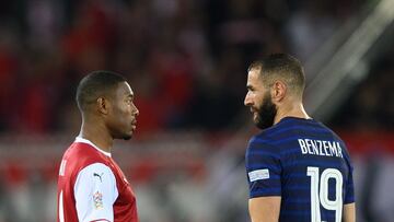 Vienna (Austria), 10/06/2022.- David Alaba (L) of Austria interacts with Karim Benzema of France during the UEFA Nations League soccer match between Austria and France in Vienna, Austria, 10 June 2022. (Francia, Viena) EFE/EPA/CHRISTIAN BRUNA
