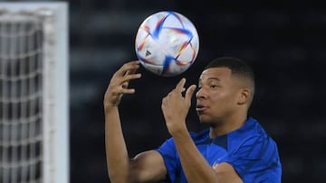 France's forward Kylian Mbappe takes part in a training session at Al Sadd SC in Doha on November 29, 2022, on the eve of the Qatar 2022 World Cup football match between Tunisia and France. (Photo by FRANCK FIFE / AFP) (Photo by FRANCK FIFE/AFP via Getty Images)