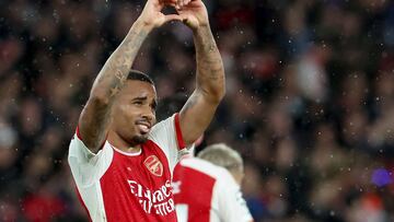 London (United Kingdom), 20/09/2023.- Gabriel Jesus of Arsenal celebrates after scoring his team's third goal during the UEFA Champions League Group B match between Arsenal London and PSV Eindhoven in London, Britain, 20 September 2023. (Liga de Campeones, Reino Unido, Londres) EFE/EPA/NEIL HALL
