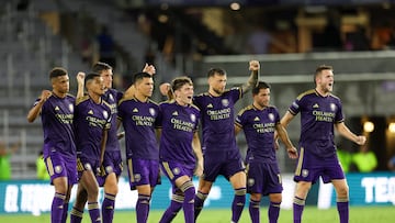 Aug 4, 2024; Orlando, Florida, USA; Orlando City celebrates after beating Atletico de San Luis during the Leagues Cup group stage at INTER&CO Stadium. Mandatory Credit: Nathan Ray Seebeck-USA TODAY Sports