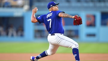 Jul 6, 2023; Los Angeles, California, USA; Los Angeles Dodgers starting pitcher Julio Urias (7) throws against the Pittsburgh Pirates during the second inning at Dodger Stadium. Mandatory Credit: Gary A. Vasquez-USA TODAY Sports