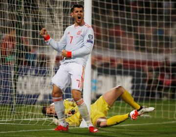 Monkey off! Spain's Alvaro Morata celebrates scoring against Malta.