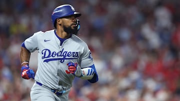 PHILADELPHIA, PENNSYLVANIA - OCTOBER 06: Teoscar Hernandez #37 of the Los Angeles Dodgers hits a single during the seventh inning against the Philadelphia Phillies during game two of the National League Division Series at Citizens Bank Park on October 06, 2025 in Philadelphia, Pennsylvania. Emilee Chinn/Getty Images/AFP (Photo by Emilee Chinn / GETTY IMAGES NORTH AMERICA / Getty Images via AFP)