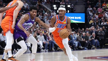 Apr 6, 2023; Salt Lake City, Utah, USA; Oklahoma City Thunder guard Shai Gilgeous-Alexander (2) moves past Utah Jazz guard Ochai Agbaji (30) in the second quarter at Vivint Arena. Mandatory Credit: Rob Gray-USA TODAY Sports