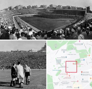 Las cosas del destino hicieron que el Real Madrid jugase la temporada de 1946-1947 y cinco partidos de la temporada siguiente en el estadio del eterno rival de la capital. El Atlético Aviación (actual Atlético de Madrid) tuvo que compartir su estadio. El club adquirió en 1944 más terrenos colindantes al estadio de Chamartín con la intención de hacer un nuevo estadio con más capacidad (el actual Santiago Bernabéu). En la imagen, una panorámica del estadio rojiblanco y una instantánea de un partido entre ambos equipos, y el mapa de dónde estaría en la actualidad el antiguo Metropolitano. 