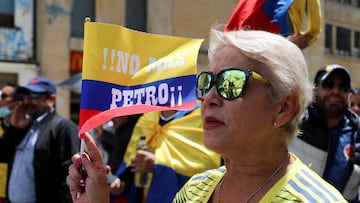 Demonstrators protest against Colombian President Gustavo Petro's reforms in the health, retirement, employment and prison sectors, in Bogota, Colombia June 20, 2023. REUTERS/Luisa Gonzalez