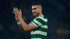 GLASGOW, SCOTLAND - JANUARY 14: Celtic's Giorgos Giakoumakis celebrates at full time during a Viaplay Cup Semi Final match between Celtic and Kilmarnock at Hampden Park, on January 14, 2023, in Glasgow, Scotland. (Photo by Craig Foy/SNS Group via Getty Images)