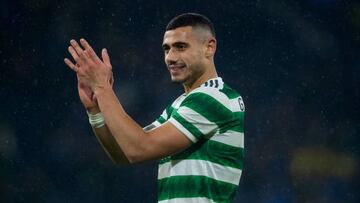 GLASGOW, SCOTLAND - JANUARY 14: Celtic's Giorgos Giakoumakis celebrates at full time during a Viaplay Cup Semi Final match between Celtic and Kilmarnock at Hampden Park, on January 14, 2023, in Glasgow, Scotland. (Photo by Craig Foy/SNS Group via Getty Images)