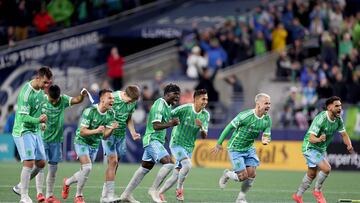 SEATTLE, WASHINGTON - OCTOBER 28: The Seattle Sounders celebrate their shootout win against the Houston Dynamo at Lumen Field on October 28, 2024 in Seattle, Washington. Steph Chambers/Getty Images/AFP (Photo by Steph Chambers / GETTY IMAGES NORTH AMERICA / Getty Images via AFP)