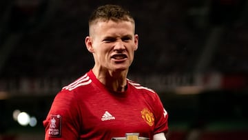 MANCHESTER, ENGLAND - JANUARY 09: Scott McTominay of Manchester United celebrates scoring a goal to make the score 1-0 during the FA Cup Third Round match between Manchester United and Watford at Old Trafford on January 9, 2021 in Manchester, England. T