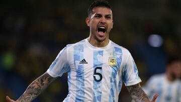 BARRANQUILLA, COLOMBIA - JUNE 08: Leandro Paredes of Argentina celebrates after scoring the second goal of his team during a match between Colombia and Argentina as part of South American Qualifiers for Qatar 2022 at Estadio Metropolitano on June 08, 2021 in Barranquilla, Colombia. (Photo by Gustavo Pagano/Getty Images)