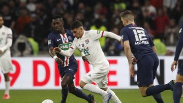Houssem AOUAR of Lyon and Idrissa GUEYE of Paris and Thomas MEUNIER of Paris during the French cup, semi final football match between Olympique Lyonnais and Paris Saint-Germain on March 4, 2020 at Groupama stadium in Decines-Charpieu near Lyon, France - P