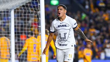 Gabriel Fernandez celebrate his goal 0-1 of Pumas during the Semifinals second leg match between Tigres UANL and Pumas UNAM as part of Torneo Apertura 2023 Liga BBVA MX, at Universitario Stadium, December 10, 2023, in Monterrey Nuevo Leon, Mexico.