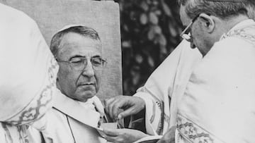 Pope John Paul I pictured being invested with a woolen cloak by Cardinal Felici, the Dean, during the installation service in St Peter's Square, Rome, September 29th 1978. (Photo by Keystone/Hulton Archive/Getty Images)