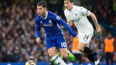 London (United Kingdom), 25/02/2017.- Chelsea&#039;s Eden Hazard vies for the ball with Swansea City&#039;s Jack Cork during the English Premier League soccer match between Chelsea and Swansea City at Stamford Bridge in London, Britain, 25 February 2017. (Londres) EFE/EPA/HAYOUNG JEON