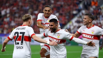 Soccer Football - DFL Supercup - Bayer Leverkusen v VfB Stuttgart - BayArena, Leverkusen, Germany - August 17, 2024 VfB Stuttgart's Deniz Undav celebrates scoring their second goal with teammates REUTERS/Thilo Schmuelgen DFL REGULATIONS PROHIBIT ANY USE OF PHOTOGRAPHS AS IMAGE SEQUENCES AND/OR QUASI-VIDEO.