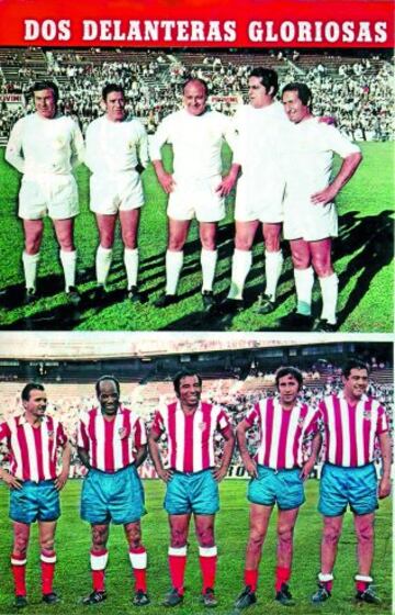 Quintetos de lujo en el homenaje a Collar. Delanteras de los veteranos del Real Madrid y del Atlético que se sumaron al homenaje que el club rojiblanco rindió aquel año a Enrique Collar.