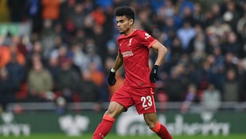 Liverpool's Colombian midfielder Luis Diaz passes the ball during the English FA Cup fourth round football match between Liverpool and Cardiff City at Anfield in Liverpool, north west England on February 6, 2022. (Photo by Paul ELLIS / AFP) / RESTRICTED TO EDITORIAL USE. No use with unauthorized audio, video, data, fixture lists, club/league logos or 'live' services. Online in-match use limited to 120 images. An additional 40 images may be used in extra time. No video emulation. Social media in-match use limited to 120 images. An additional 40 images may be used in extra time. No use in betting publications, games or single club/league/player publications. / 