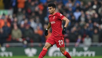 Liverpool's Colombian midfielder Luis Diaz passes the ball during the English FA Cup fourth round football match between Liverpool and Cardiff City at Anfield in Liverpool, north west England on February 6, 2022. (Photo by Paul ELLIS / AFP) / RESTRICTED TO EDITORIAL USE. No use with unauthorized audio, video, data, fixture lists, club/league logos or 'live' services. Online in-match use limited to 120 images. An additional 40 images may be used in extra time. No video emulation. Social media in-match use limited to 120 images. An additional 40 images may be used in extra time. No use in betting publications, games or single club/league/player publications. /
