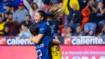 Kiana Palacios celebrates her goal 0-3 with Jana Gutierrez of America during the 13th round match between Tijuana and America as part of the Liga BBVA MX Femenil, Torneo Apertura 2024 at Caliente Stadium on September 29, 2024 in Tijuana, Baja California, Mexico.