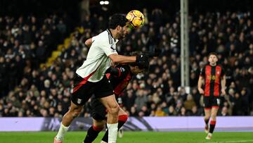Fulham's Mexican striker #07 Raul Jimenez heads the ball but fails to score during the English Premier League football match between Fulham and Bournemouth at Craven Cottage in London on December 29, 2024. (Photo by JUSTIN TALLIS / AFP) / RESTRICTED TO EDITORIAL USE. No use with unauthorized audio, video, data, fixture lists, club/league logos or 'live' services. Online in-match use limited to 120 images. An additional 40 images may be used in extra time. No video emulation. Social media in-match use limited to 120 images. An additional 40 images may be used in extra time. No use in betting publications, games or single club/league/player publications. /