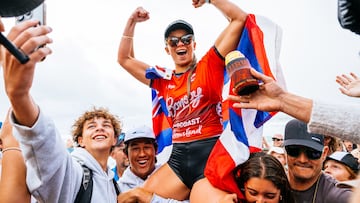 BURLEIGH HEADS, QUEENSLAND, AUSTRALIA - MAY 10: Bettylou Sakura Johnson of Hawaii after winning the Final of the Bonsoy Gold Coast Pro on May 10, 2025 at Burleigh Heads, Queensland, Australia. (Photo by Beatriz Ryder/World Surf League)